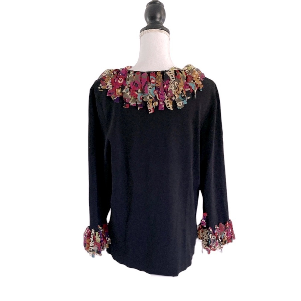 Ruby Rd Multicolor Ruffled V-Neck Line Black Top … - image 2